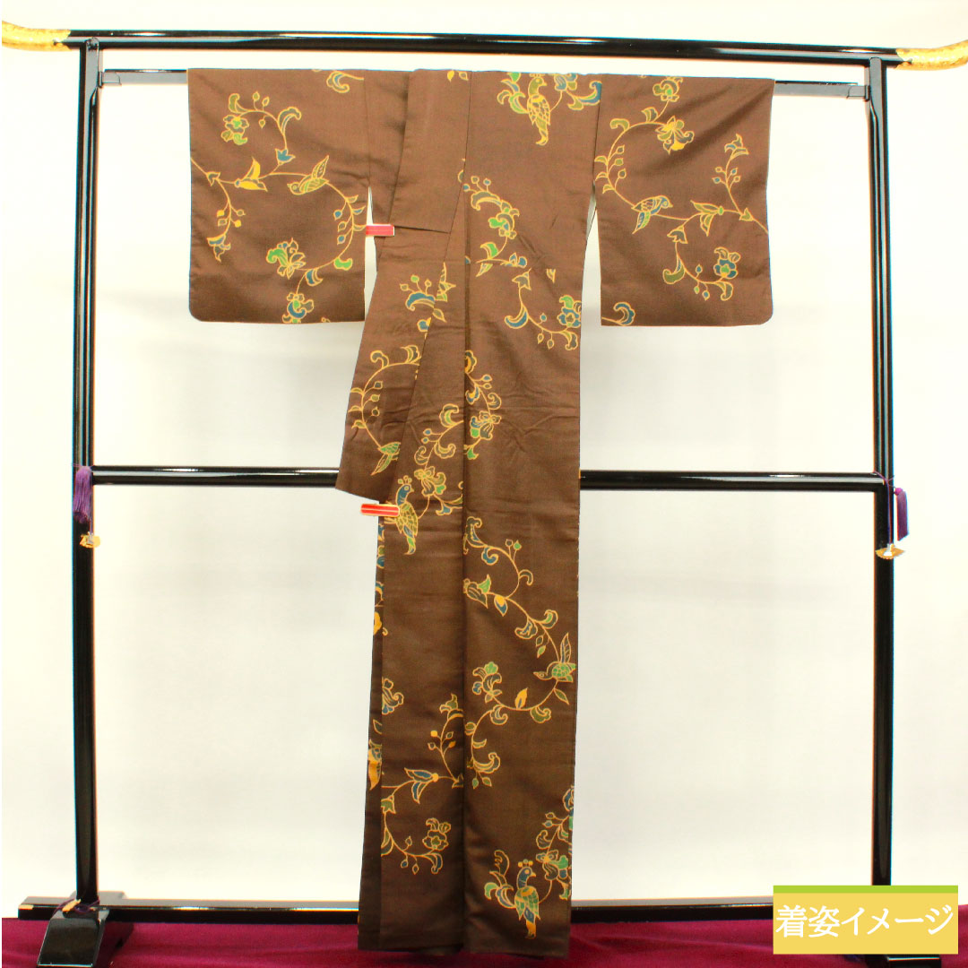 小紋 正絹 身丈162cm 裄丈64.5cm 袷  落栗色 更紗模様  Aランク 茶系 1115003863414