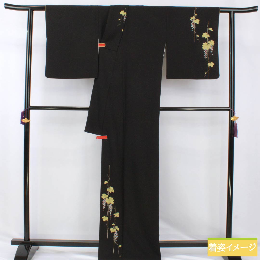 Visiting Kimono, Polyester, S Rank, Lined, Length 166.5cm, Sleeve Length 68cm, Designed by Kansai Yamamoto, Grape Pattern, Washable, Tsukesage, Black, Product Number: 1112006942510