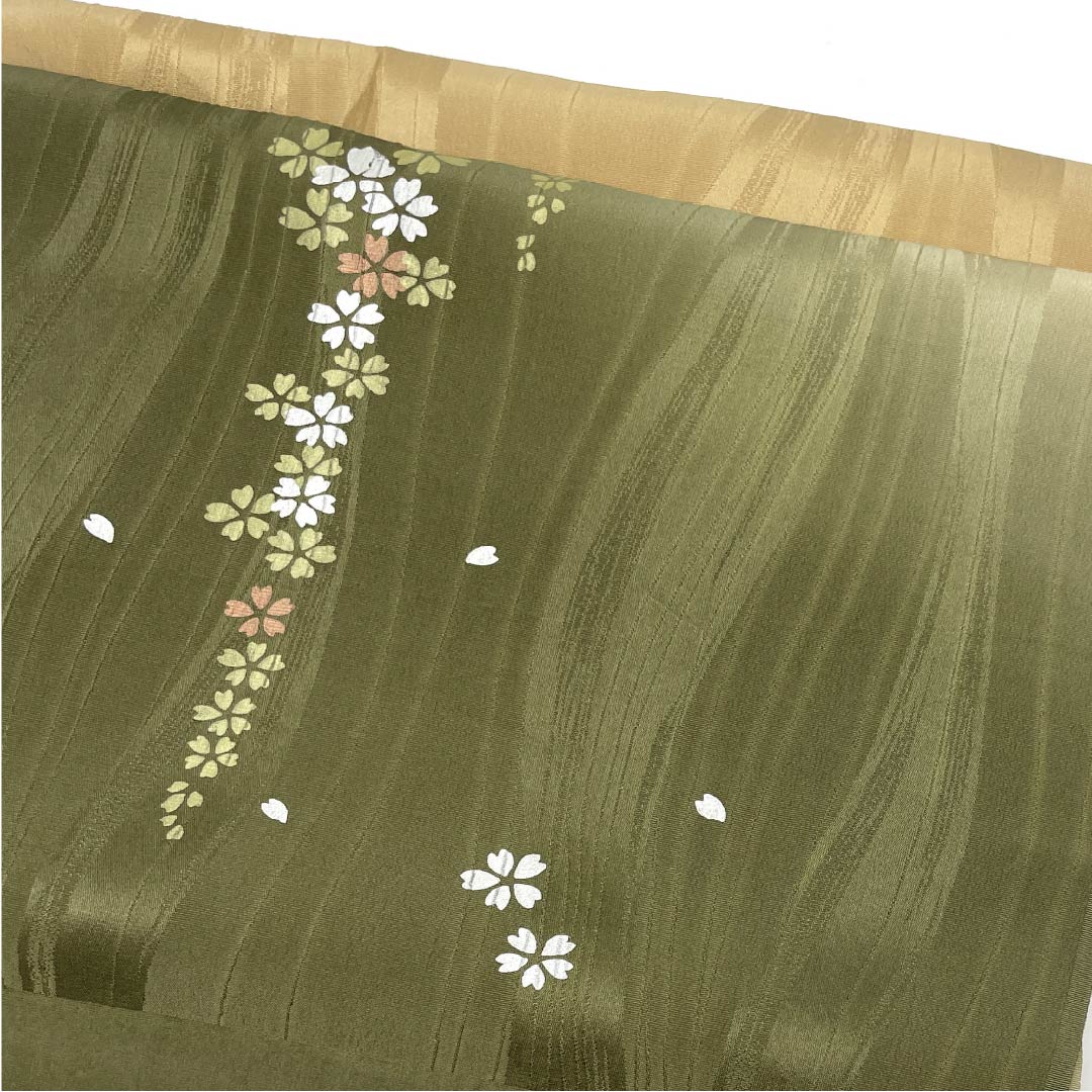 帯揚げ 正絹 セミフォーマル 利休茶色（りきゅうちゃいろ） 桜 古典柄 長さ約170cm 幅約29.5cm Sランク 緑系 1136000302919