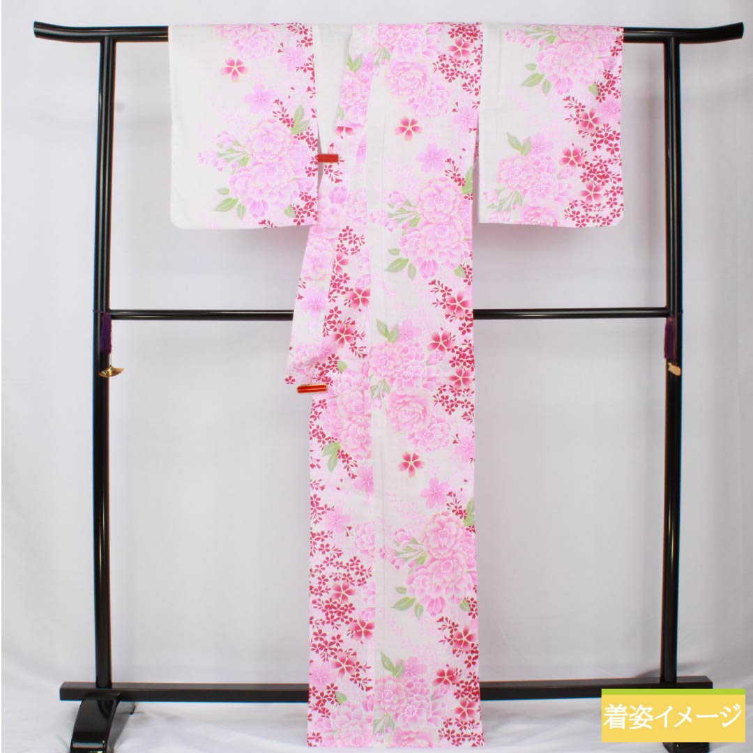 Cotton Yukata, Length 167.5cm, Sleeve Length 65.5cm, S Rank, Single Layer, White, Floral Pattern, 1118005922511