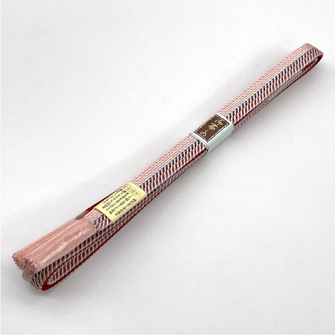 (New old stock) Silk obijime, quarter-length string, dawn color, made with colorful three-quarter gold and silver thread, new old stock, length approx. 165cm, width approx. 1.5cm, semi-formal, S rank, pink, 1135002682313
