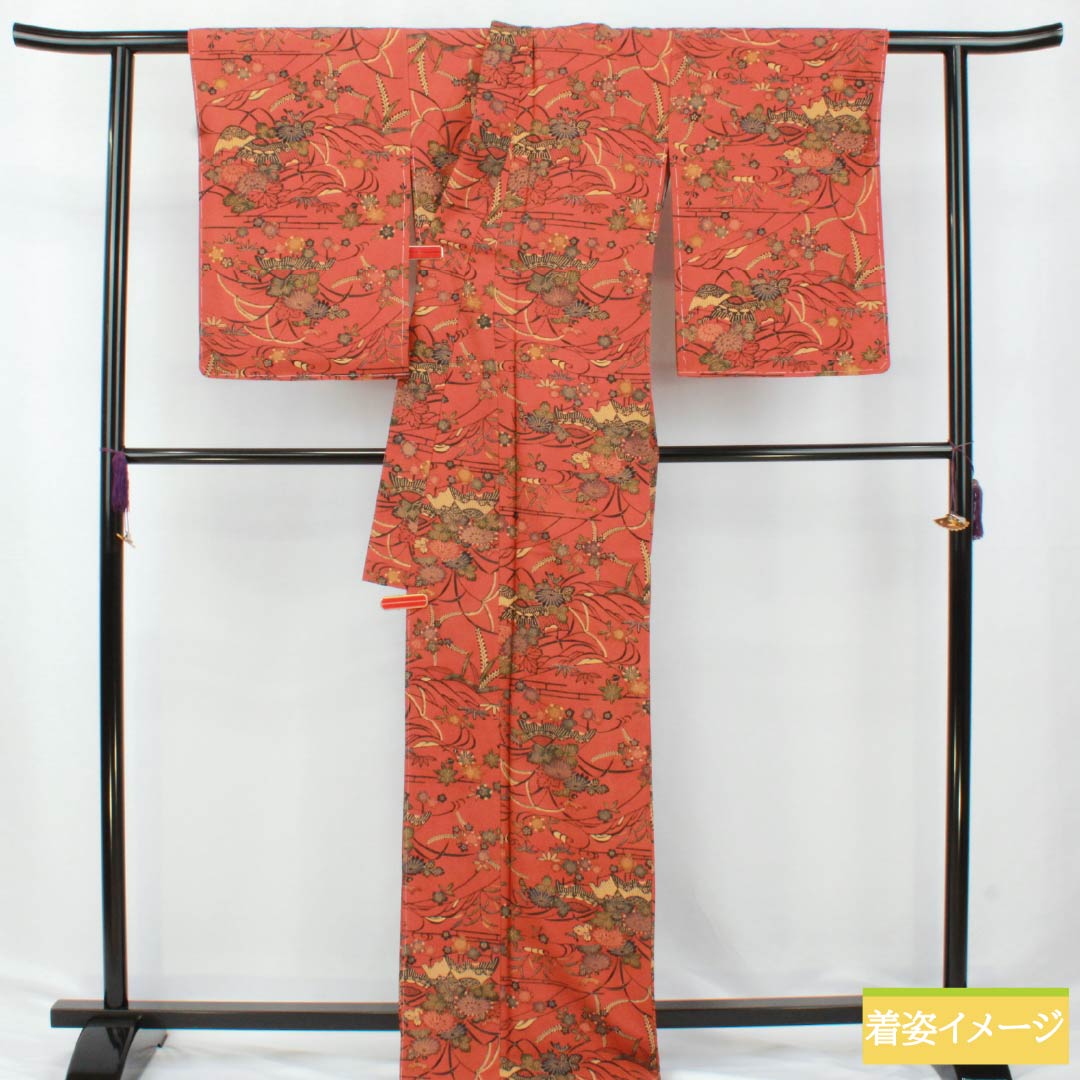 Small-patterned kimono, polyester, S rank, length 169.5cm, sleeve length 67cm, lined, scarlet copper (hidoushoku) color, stencil-dyed floral pattern, with basting thread, washable, brown, 1115007112514