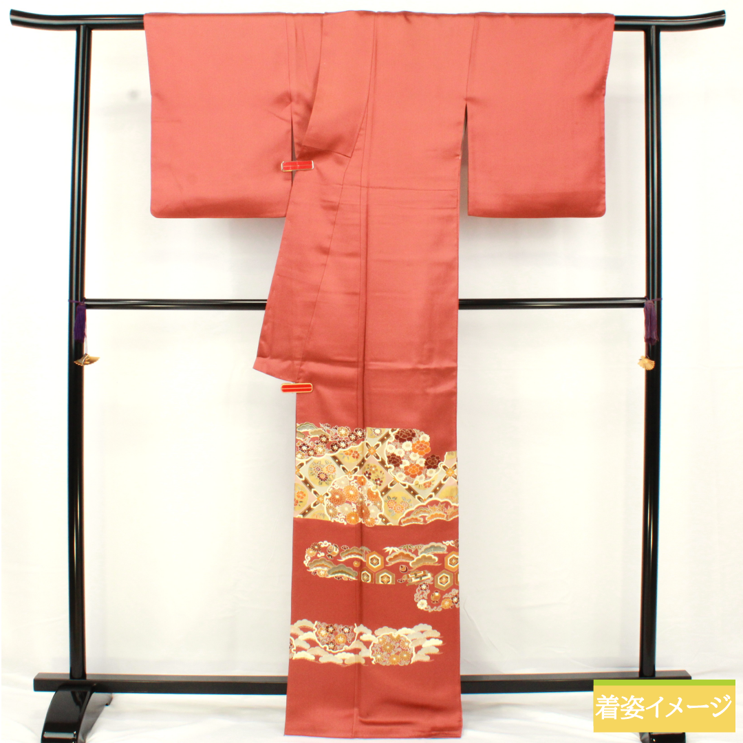 色留袖 正絹 身丈166cm 裄丈65cm 袷 紅唐色（べにとういろ） 京友禅 格天井 宝尽くし 一つ紋 左離れ立葵 Aランク 朱系 1111001563516