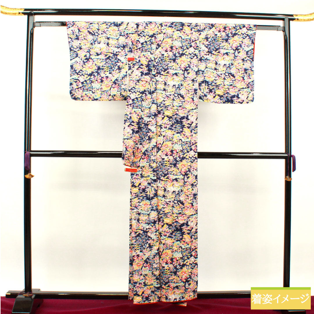 Small pattern, pure silk, length 157cm, sleeve length 64cm, lined, navy blue bellflower color, floral pattern, Chayatsuji, S rank, navy blue, 1115003632318