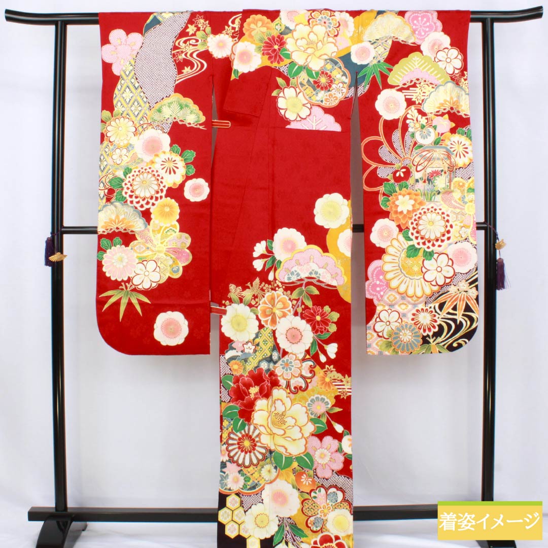 振袖 正絹 Sランク 身丈170.5cm 裄丈67.5cm 袷 真紅色（しんくいろ） 京友禅 吉祥文様 松竹梅 菊 ECOガード加工 赤系 1113002602612