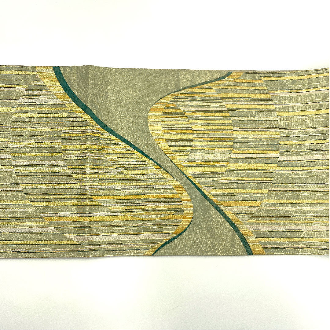 Fukuro Obi with Nuihaku, Geometric Pattern, Length 444cm, Pure Silk, S Rank, Six-way, Semi-formal, Green, 1123004452319
