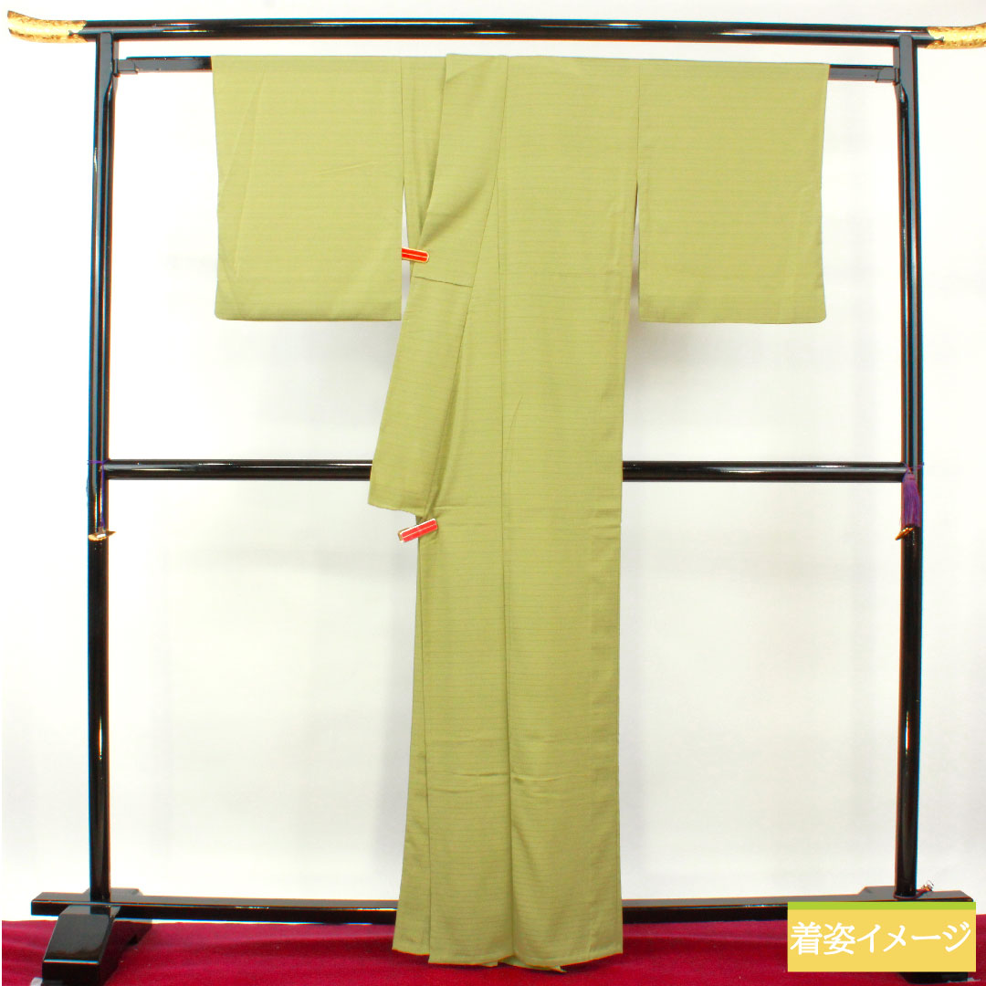 Plain color, polyester, length 164cm, sleeve length 68cm, willow brown, washable kimono, one crest, silk, S rank, green, 1114001312419