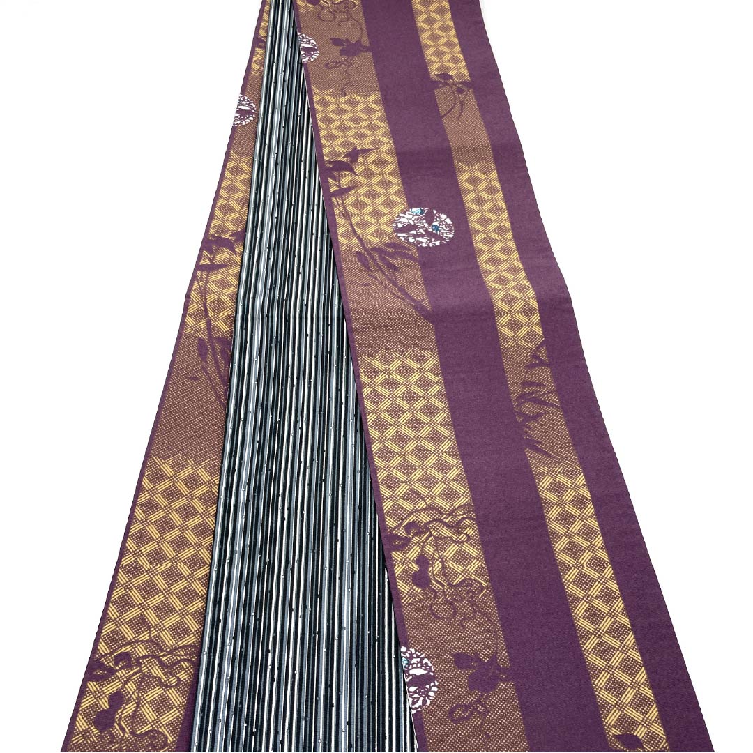 半幅帯 ポリエステル 帯丈392cm 古代紫色（こだいむらさきいろ） 植物模様 モノトーン 縞 ストライプ リバーシブル 紫系 Sランク 1125001592320