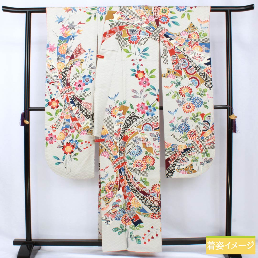 振袖 正絹 Sランク 身丈160.5cm 裄丈64cm 袷 銀白色（ぎんはくしょく） 京友禅 束ね熨斗 紗綾形 グレー系 1113002462422