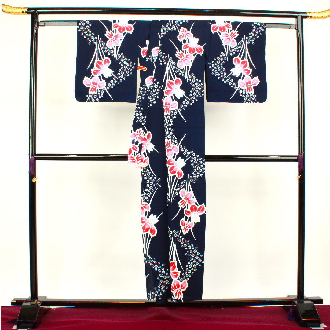 浴衣 濃紺色 菖蒲 木綿 Sランク 単衣 身丈152cm 裄丈67.5cm 紺系 1118002462218