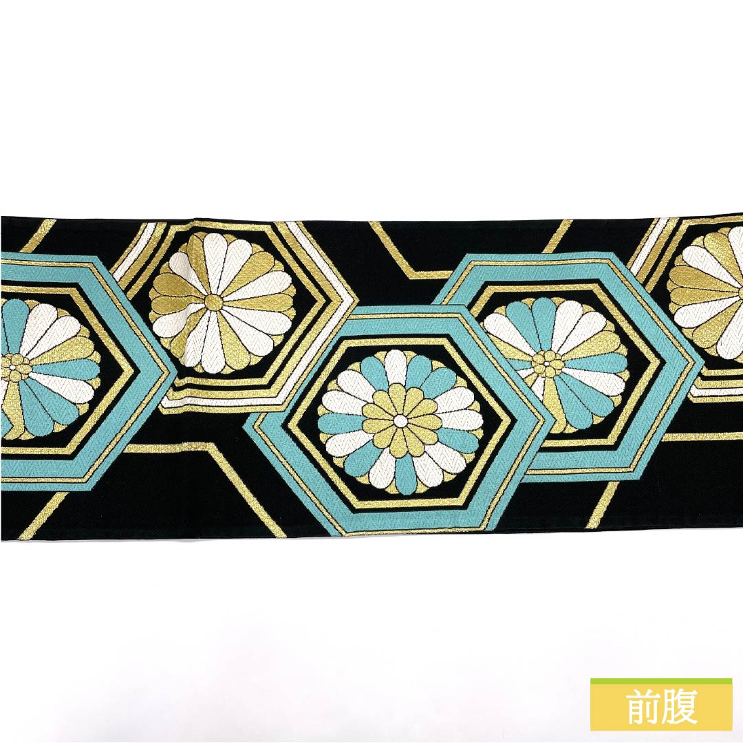 Formal black obi, pure silk, A-rank, tortoiseshell and chrysanthemum design, 454cm long, six-fold obi, suitable for furisode (long-sleeved kimono). Product code: 1123015833410