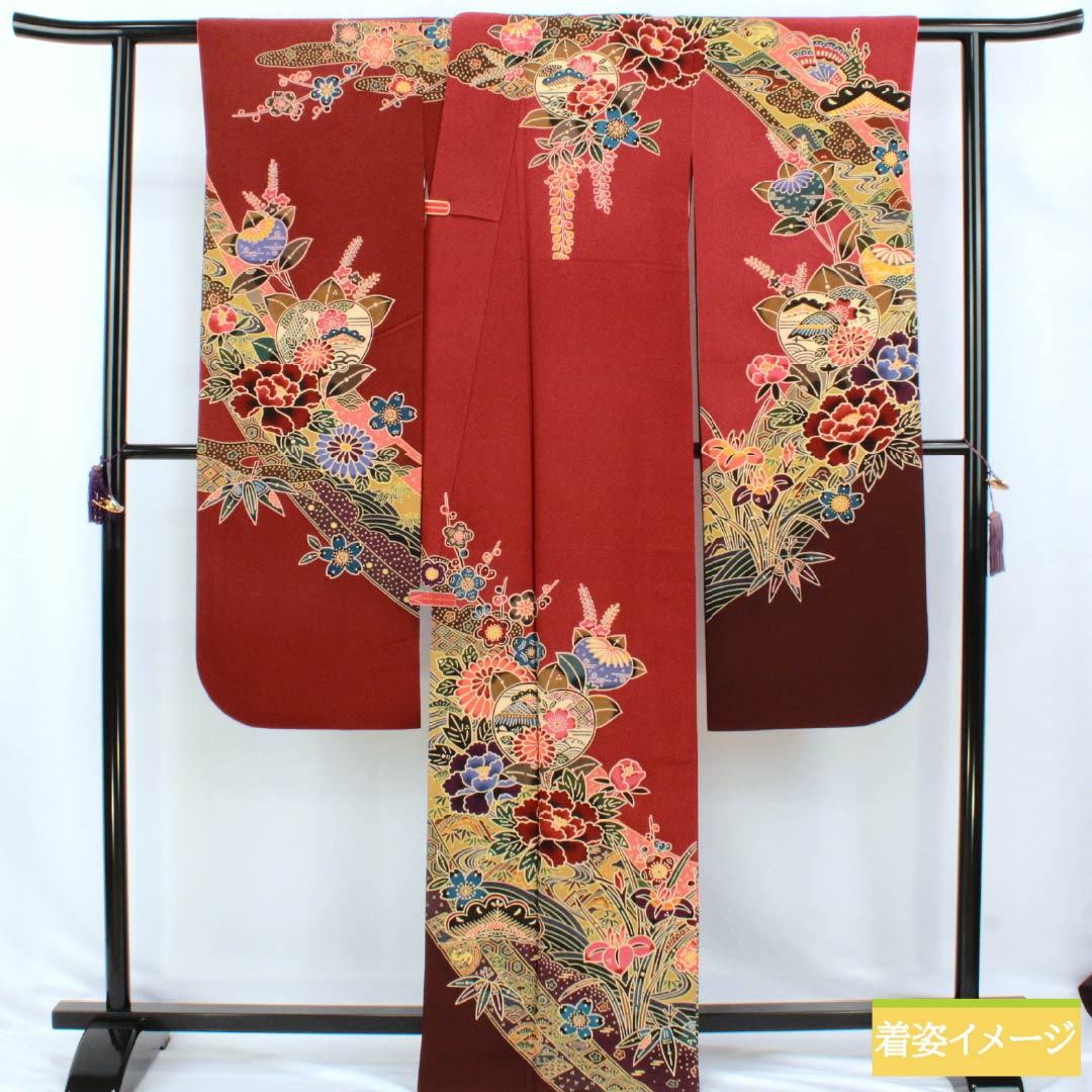 Kimono (Furisode) Pure Silk A Rank, Length 164.5cm, Sleeve-to-sleeve 67.5cm, Lined, Oxblood Red, Kyo-Bingata, Auspicious Motifs, Yume Guard Processed, Red tones, 1113002923412