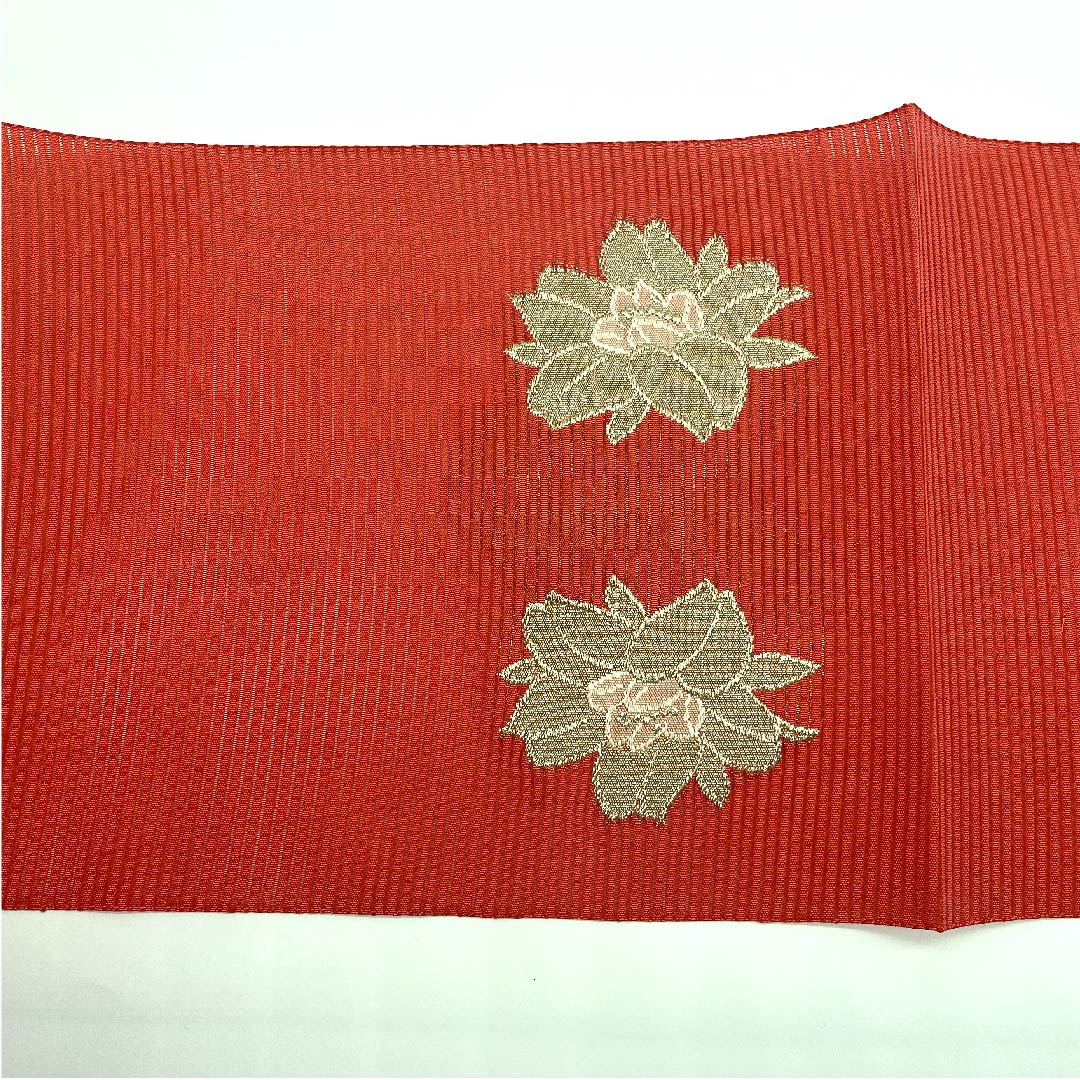 Nagoya obi, scarlet, summer obi, silk, flowing water, peony, obi length 344cm, pure silk, S rank, point pattern, semi-formal, vermilion, 1124004442316, pine needle style