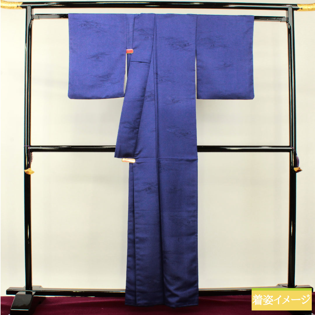 Plain color, polyester, length 162.5cm, sleeve length 64.5cm, bellflower color, washable kimono, lined, S rank, navy blue, 1114001242418