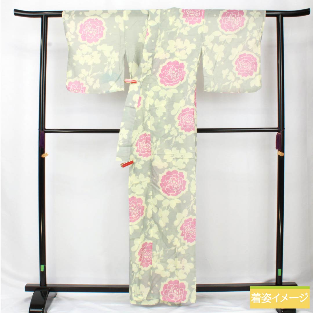 (Brand new, unused) Yukata (casual kimono) made of polyester, length 162.5cm, sleeve length 66.5cm, new rank, single layer, grayish-gray, light ink color (usuzumiiro), floral print, buttons, product number 1118005701422