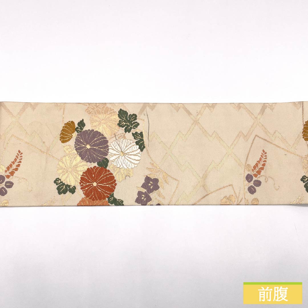 名古屋帯 生成り色（きなりいろ） 扇面 菊 椿 帯丈351cm 正絹 Bランク 六通 セミフォーマル クリーム系 1124008924315 名古屋仕立て
