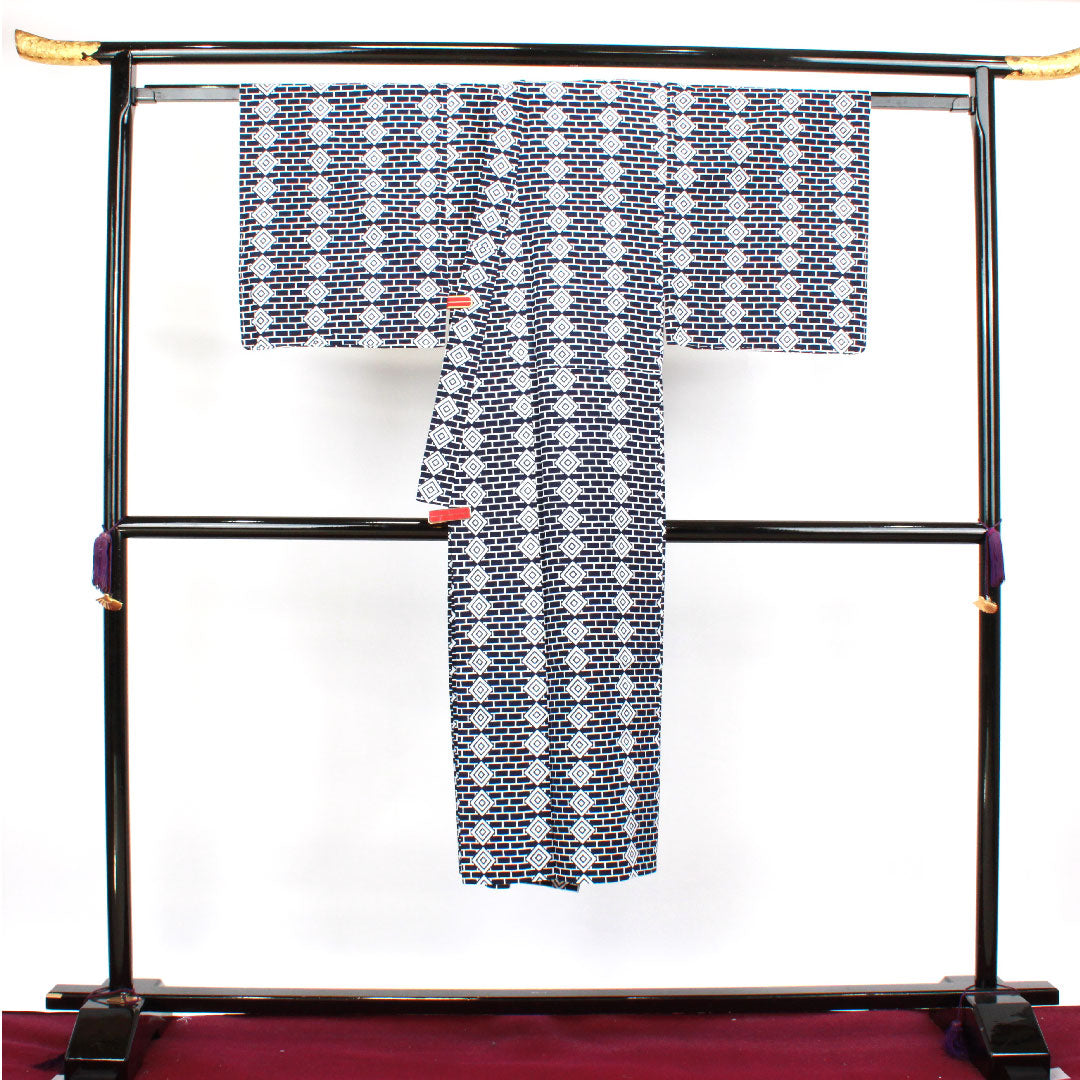 Yukata with basting thread, unused, men's, geometric pattern, cotton, S rank, single layer, length 135cm, sleeve length 67.5cm, navy blue, 1118002132118