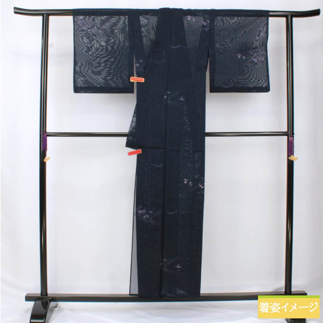 Summer kimono, polyester, small pattern, length 153.5cm, sleeve length 61.5cm, landscape pattern, washable, gauze, rank A, navy blue, 1132002363218