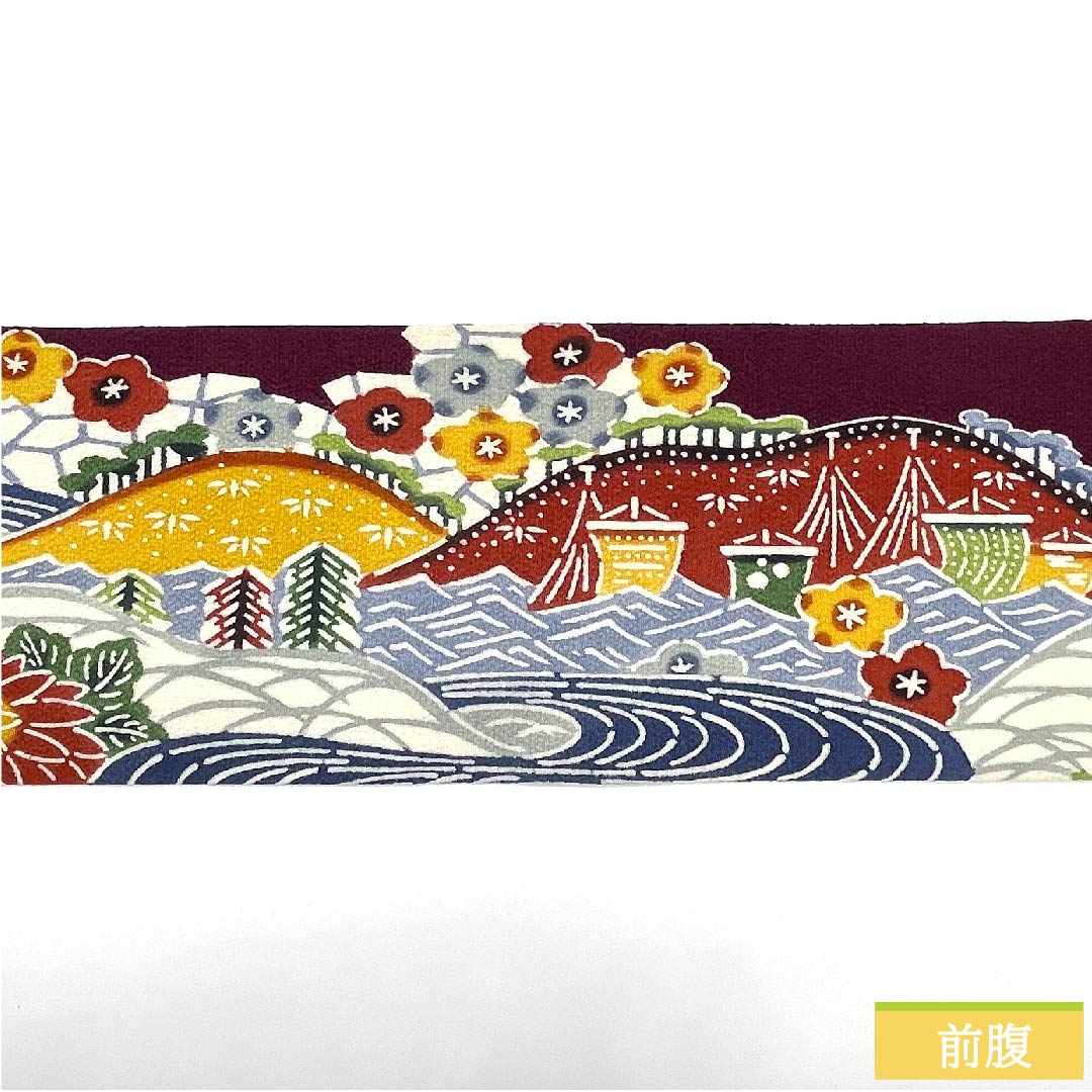 Nagoya obi, grape color, Kyoto Bingata, classic pattern, flowers, flowing water, autumn leaves, obi length 345cm, pure silk, S rank, point pattern, casual, purple, 1124005302320, Nagoya tailoring