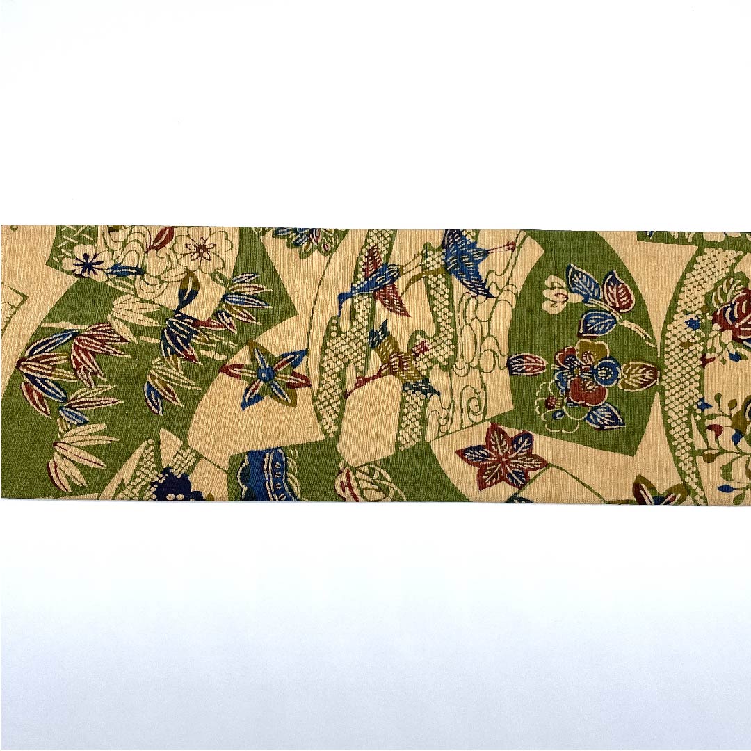 名古屋帯 薄柿色 古典柄 扇面に松竹梅 鳥 蝶 帯丈382cm 正絹 Aランク 全通 カジュアル ベージュ系 1124004613325  名古屋仕立て