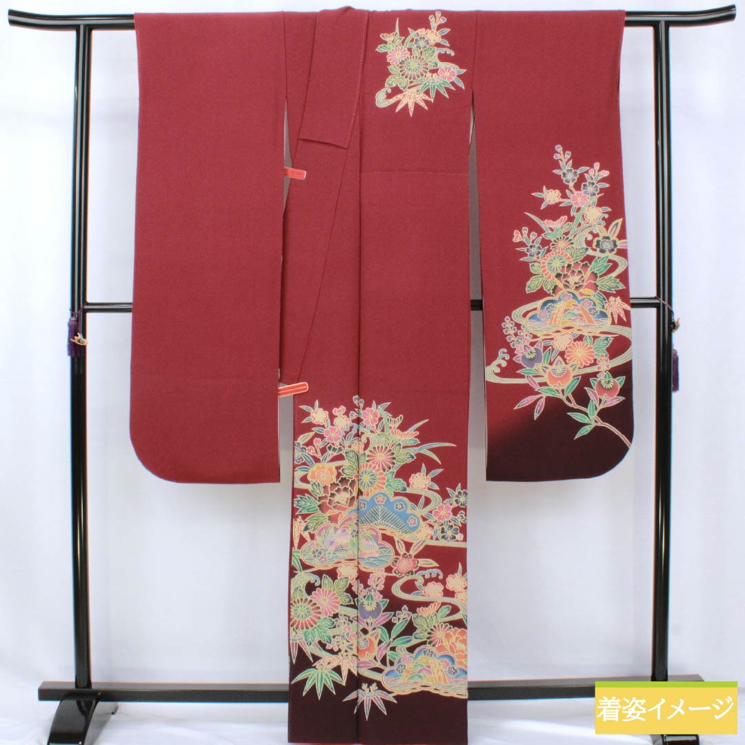 振袖 正絹 Sランク 身丈164cm 裄丈67cm 袷 臙脂色（えんじいろ） 京紅型 吉祥文様 ちりめん地 パールトーン加工 赤系 1113002492412