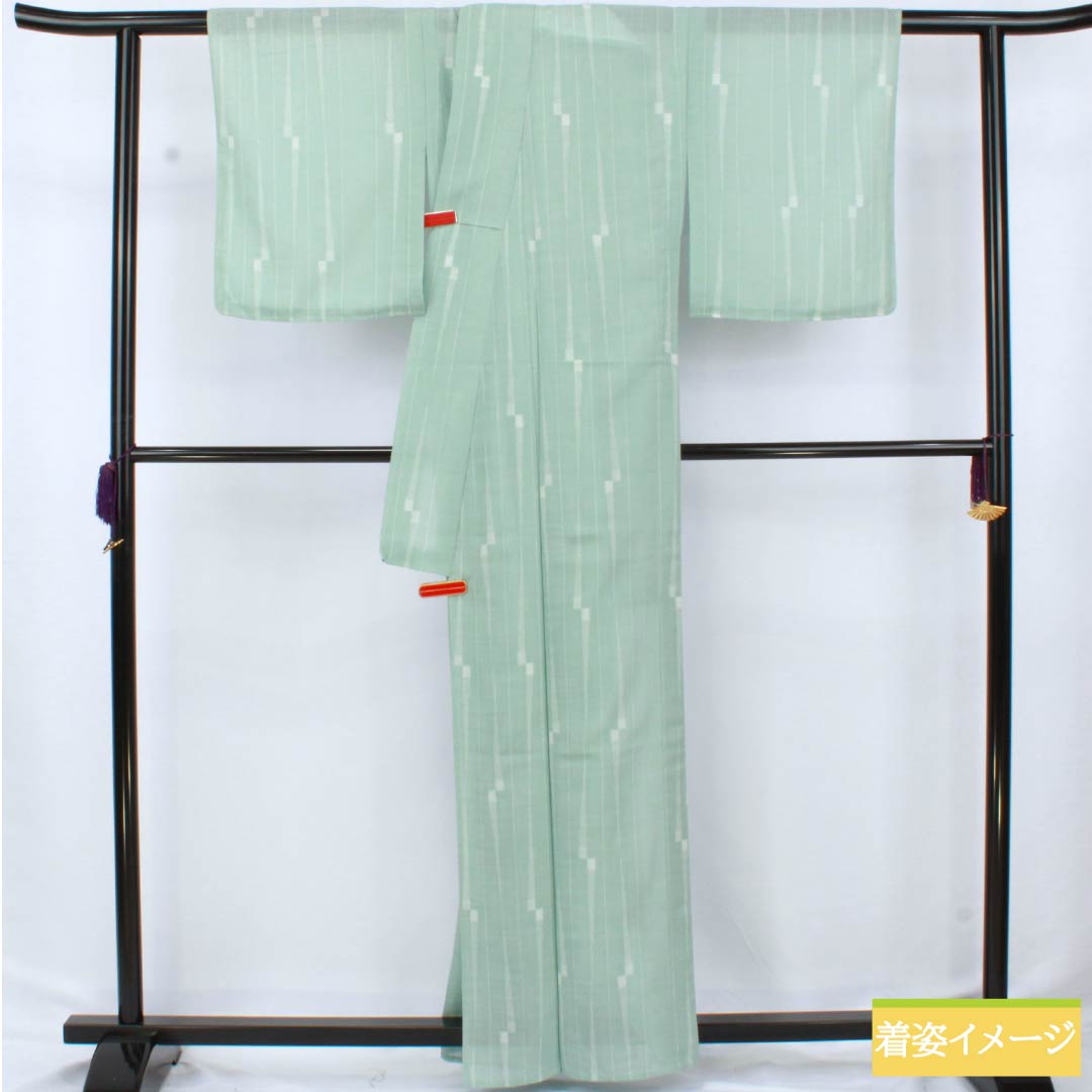 Summer kimono, polyester, small pattern, length 163cm, sleeve length 65cm, light blue (usumizuiro) striped, washable, gauze, S rank, green, 1132002662419
