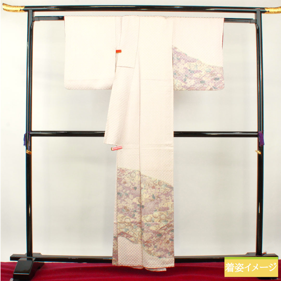 Homongi, pure silk, lined, length 159.5cm, sleeve length 63cm, cherry blossom color, tie-dye, Tsujigahana, A rank, purple, 1112004113320