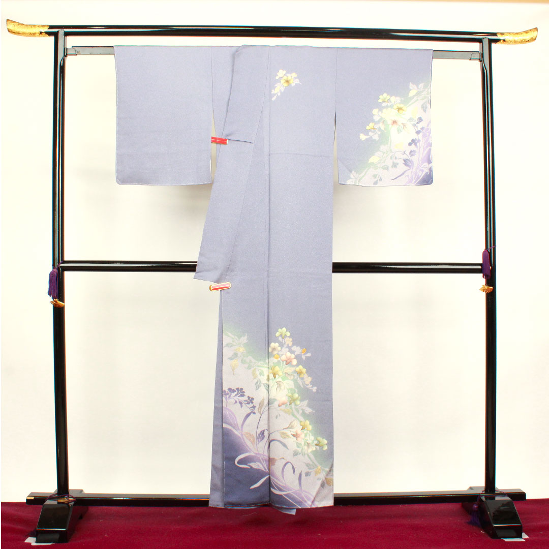 Homongi, lined, length 156cm, sleeve length 64cm, with basting thread, unused, sousui gray, Kyo-Yuzen, artist's work, floral pattern, pure silk, S rank, gray 1112002582322