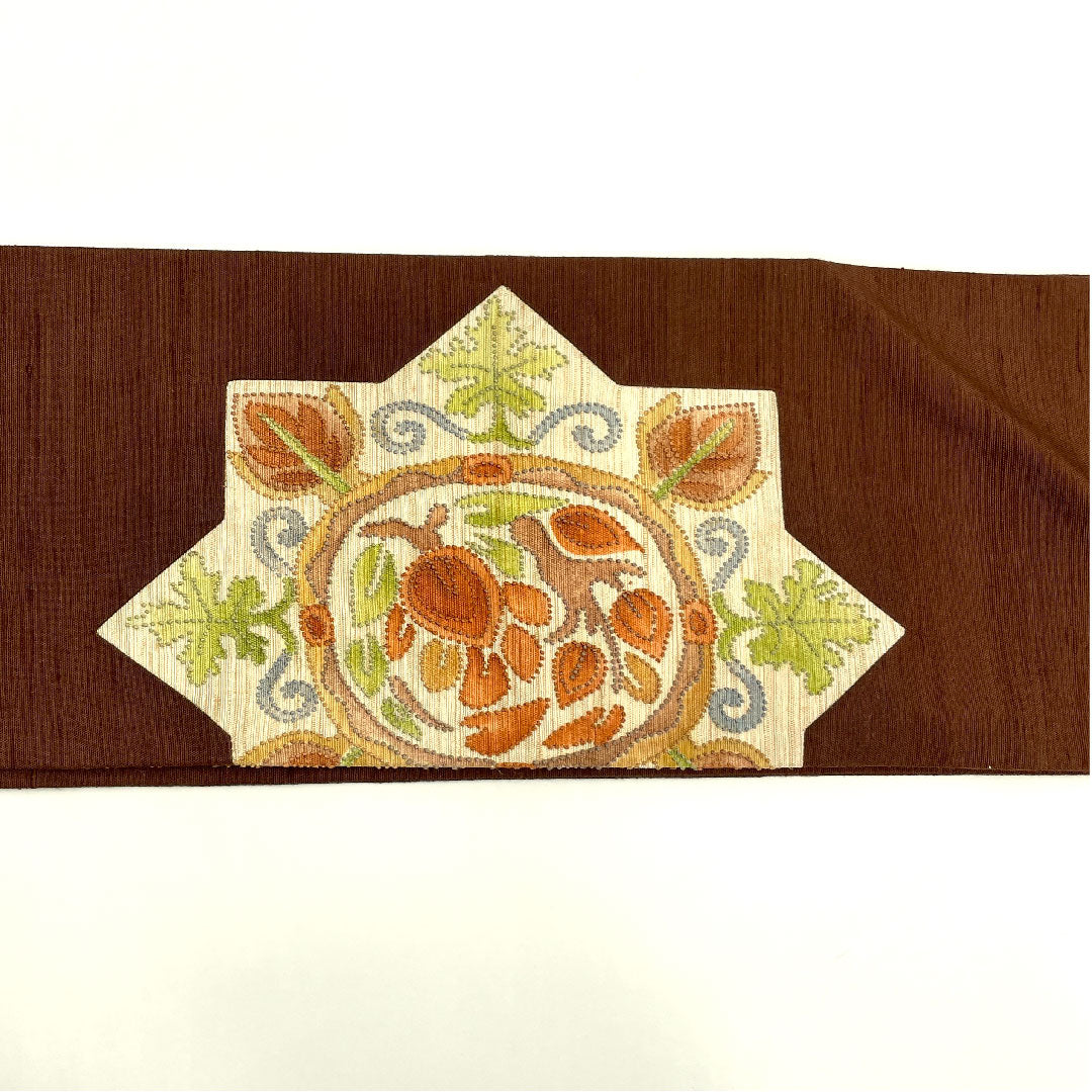 名古屋帯 相良刺繍 抽象華模様 帯丈357cm 正絹 Sランク ポイント柄 カジュアル 茶系 1124001412314  名古屋仕立て