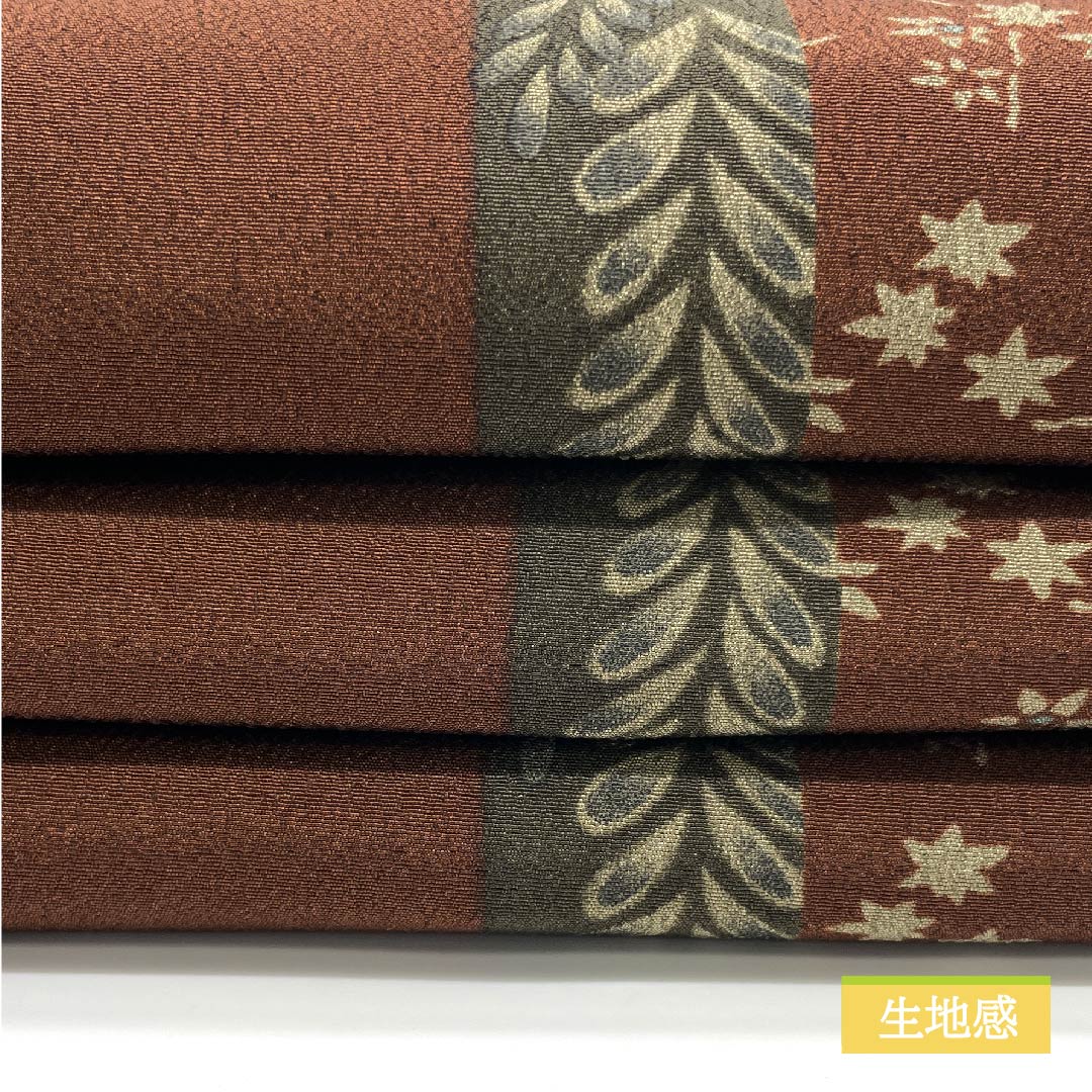 半幅帯 ポリエステル 紅檜皮色（べにひわだいろ） 紅葉 藤 植物模様 古典柄 帯丈388cm 茶系 Sランク 1125001172314
