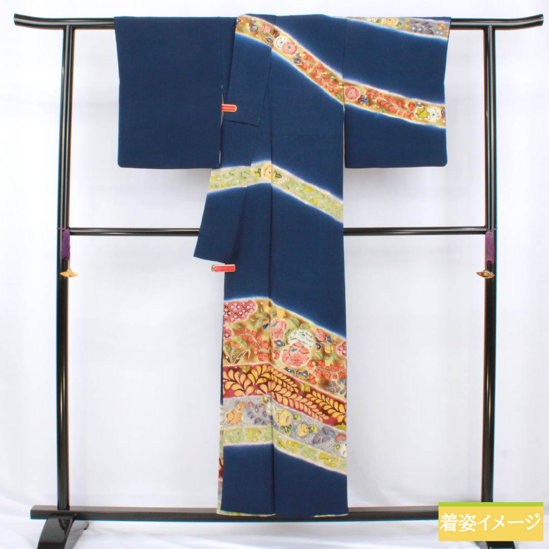Visiting Kimono, Pure Silk, S Rank, Lined, Length 155cm, Sleeve Length 63cm, Navy Blue, Chirimen Fabric, Tsujigahana Pattern, Navy Blue, Product Number: 1112006292318