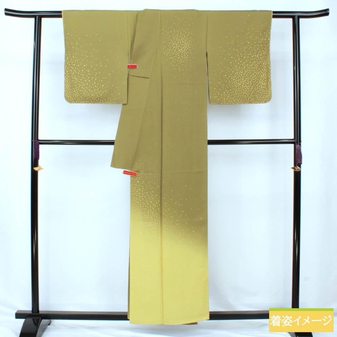 訪問着 正絹 Sランク 袷 身丈155cm 裄丈64cm 鶸茶色（ひわちゃいろ） 福田喜重 人間国宝 箔飛ばし 付下げ パールトーン加工 緑系 1112006462319
