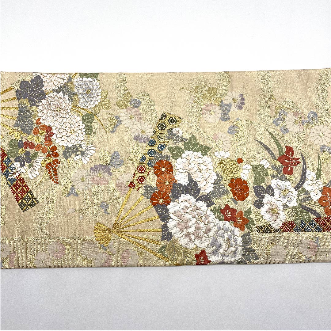 袋帯 生成り色（きなりいろ） 扇面 吉祥文様 七宝 帯丈424cm 正絹 Aランク 六通 フォーマル クリーム系 1123007573315