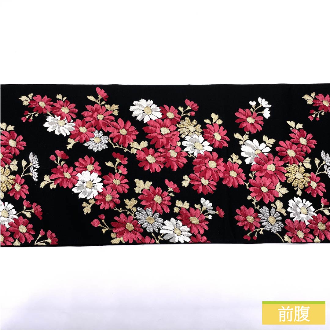 Formal black silk obi for furisode (long-sleeved kimono), floral pattern, 410cm long, S rank, six-fold hem, 1123014102310