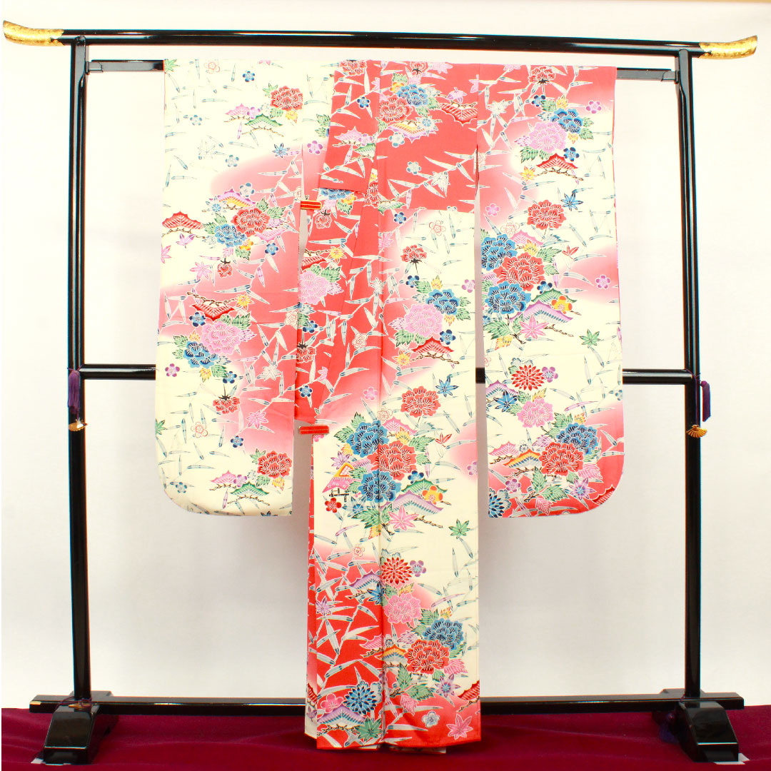 振袖 身丈162cm 裄丈65cm 袷  京紅型 松竹梅 笹 紅葉  正絹 Sランク グラデーション系 1113001612499