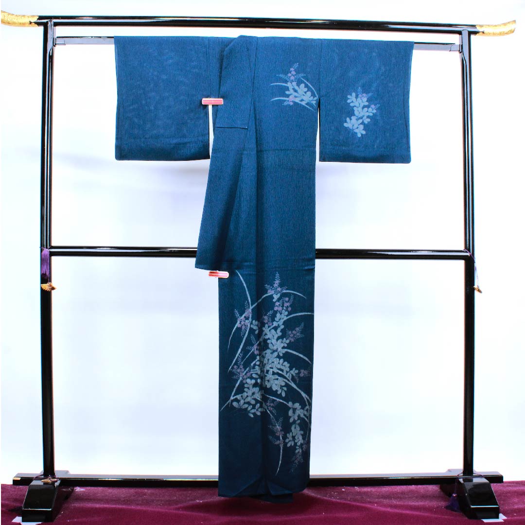夏物 正絹 訪問着 身丈158cm 裄丈63.5cm 濃藍色（こいあいいろ）草花模様 二重紗 Sランク 紺系 1132000142318