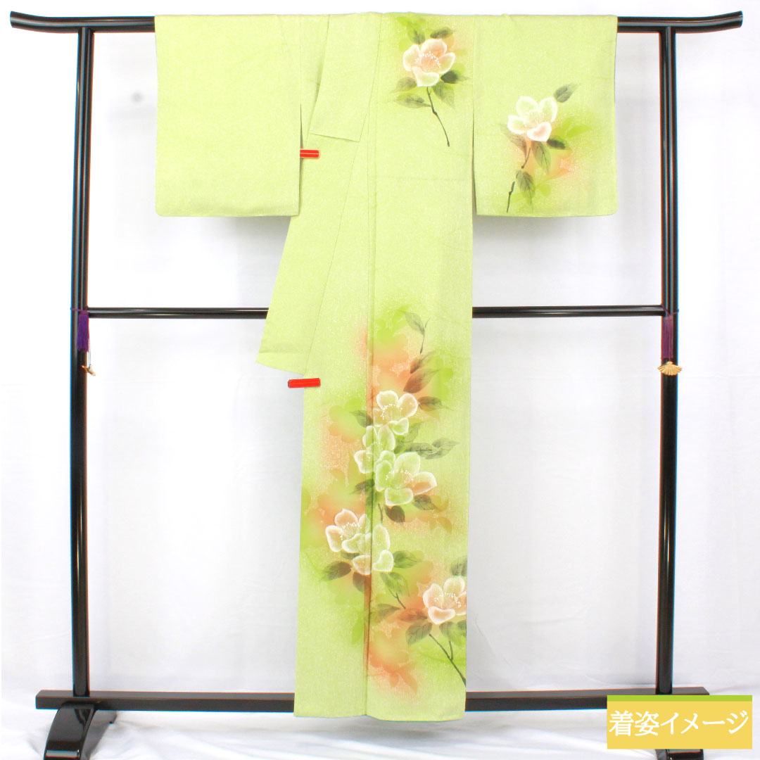 Homongi, pure silk, lined, length 158.5cm, sleeve length 62.5cm, yellowish green, floral pattern, wet-dyed yuzen, A rank, green, 1112005763319