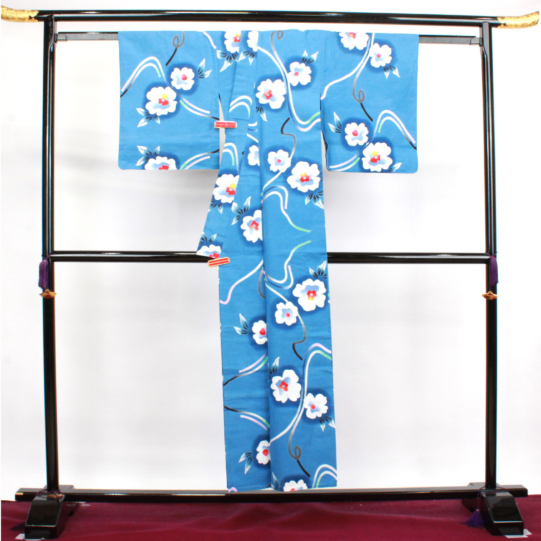 Yukata, sky blue, floral pattern, cotton, S rank, single layer, length 152cm, sleeve length 63cm, blue 1118003342217