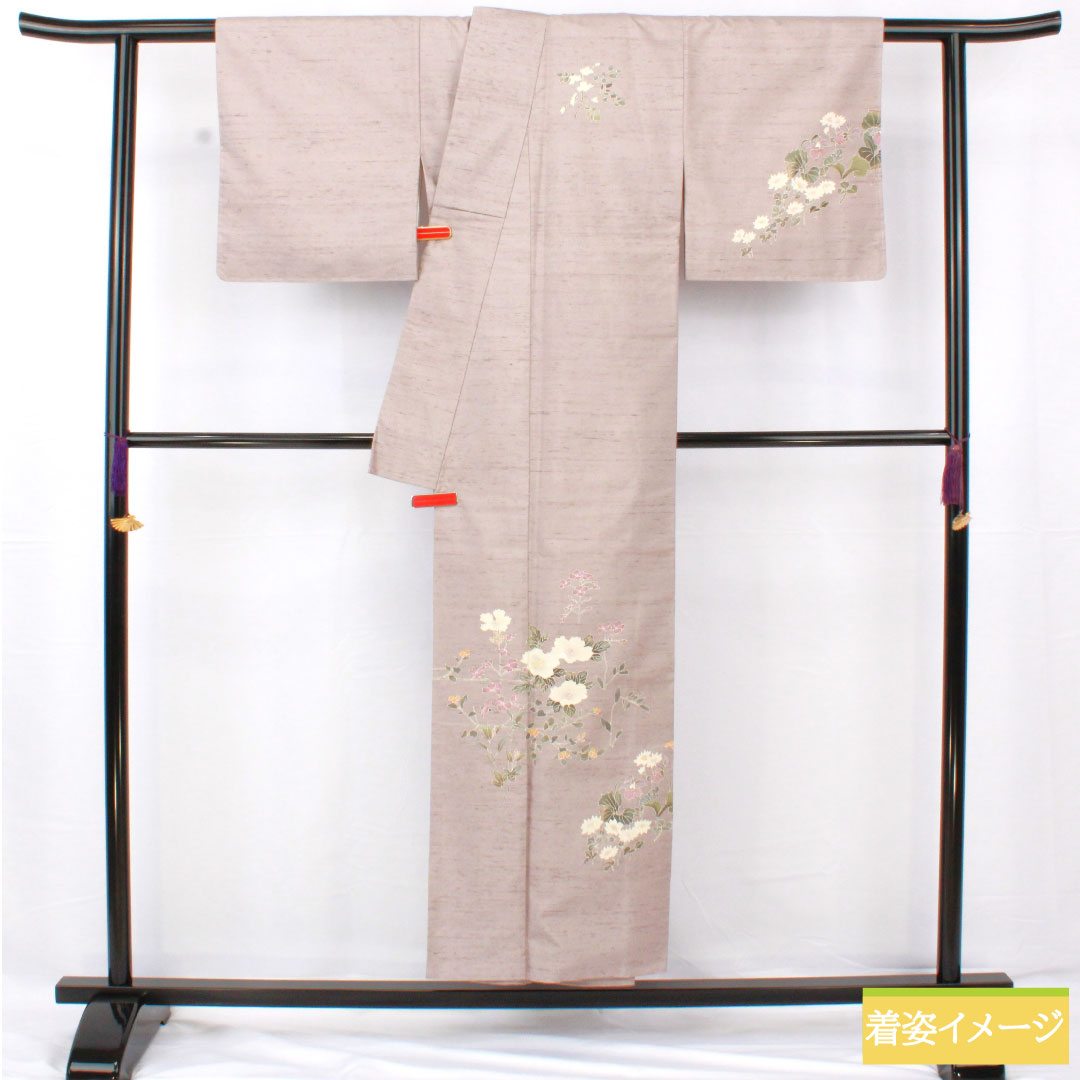 訪問着 正絹 袷 身丈151.5cm 裄丈61cm 鈍紫色（にびむらさきいろ） 紬地 牛首紬 草花模様 Sランク 紫系 1112005332220