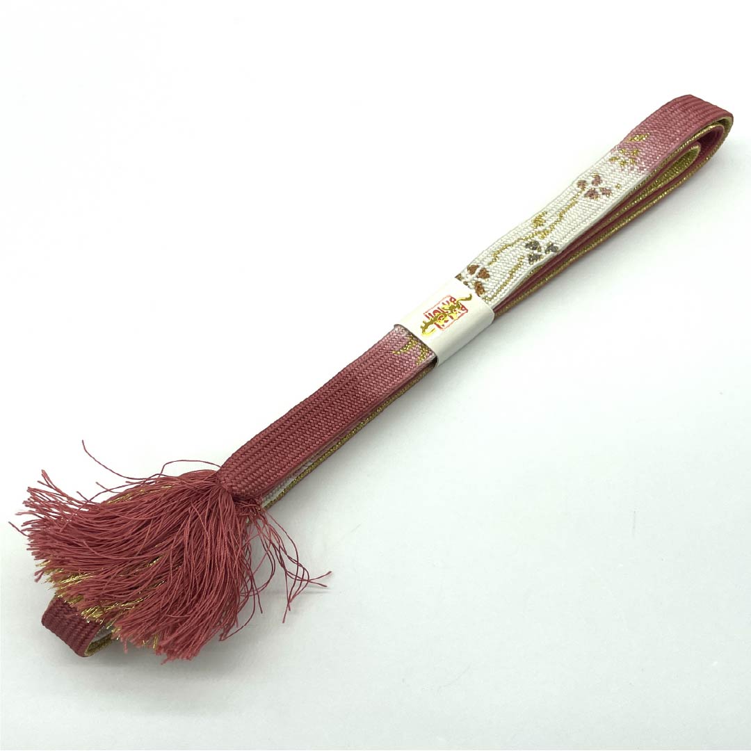 Obijime (sash fastener) made of pure silk, quarter-length string, bud-red plum color, floral pattern, length approx. 161cm, width approx. 1.5cm, semi-formal, rank S, pink, 1135003082313