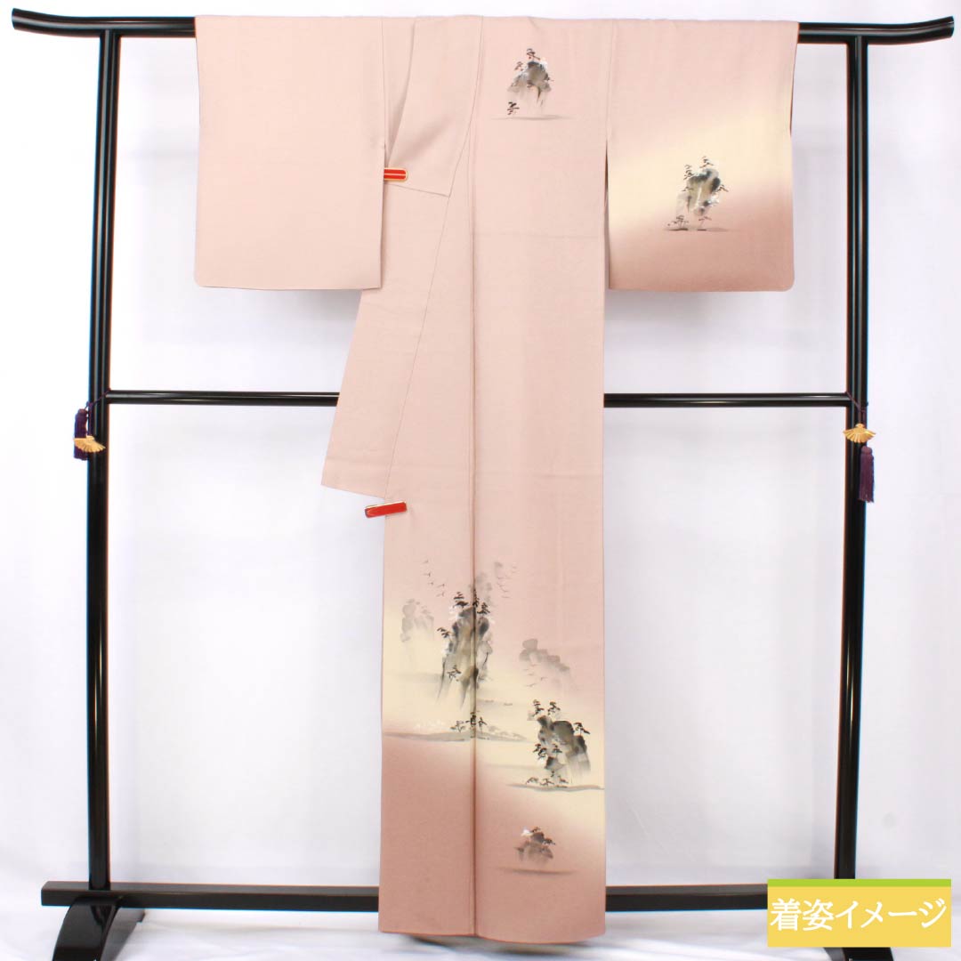 Visiting Kimono, Pure Silk, Grade A, Lined, Length 160cm, Sleeve Length 64cm, Faded Red (Arasomeiro), Hand-painted Landscape Painting, Pink, Product Number: 1112007153413