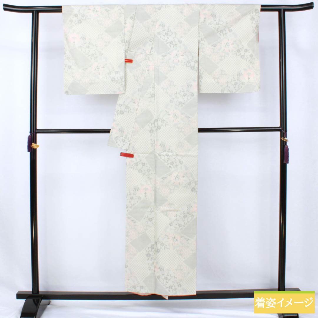 Tsumugi (pongee) polyester kimono, S rank, length 153cm, sleeve length 63cm, Unohana-iro (unohana flower) pattern, floral motif, washable, lined, white, 1116004642211