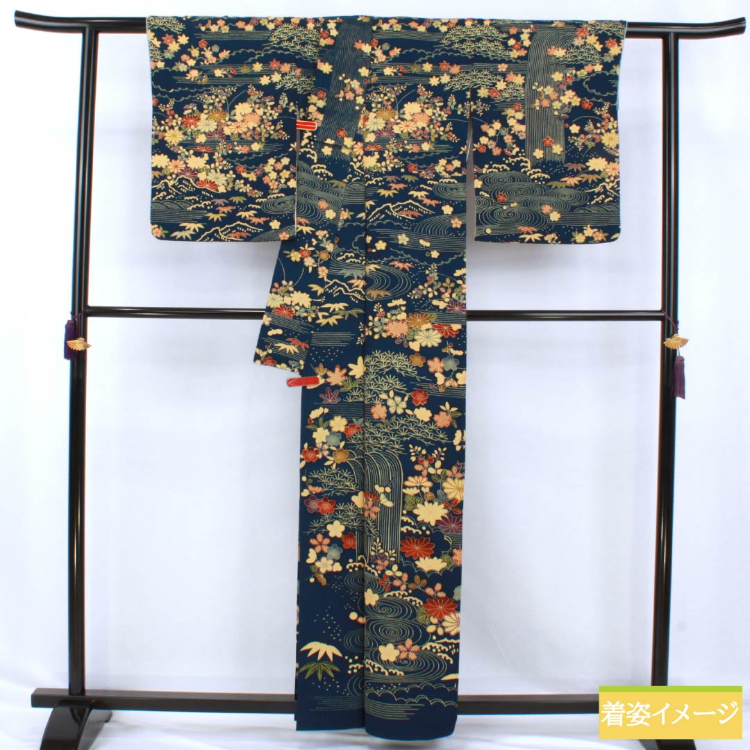 Visiting Kimono, Pure Silk, Grade A, Lined, Length 160cm, Sleeve Length 64.5cm, Navy Blue, Stencil Dyed, Flowing Water, Small Flowers, Navy Blue, Item Number: 1112006913418