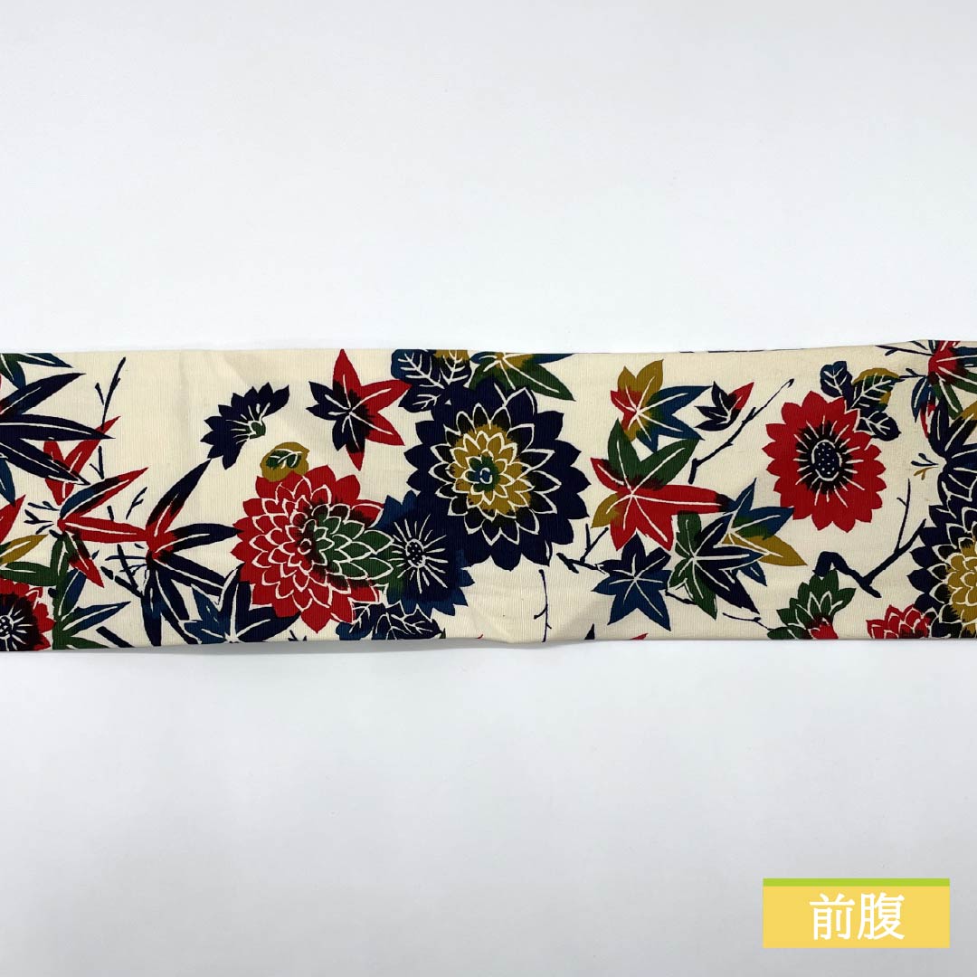 Nagoya obi, natural color (kinari-iro), stencil-dyed, chrysanthemum, autumn leaves, obi length 352cm, cotton, S rank, full length, casual, cream color, 1124008062315, Nagoya style
