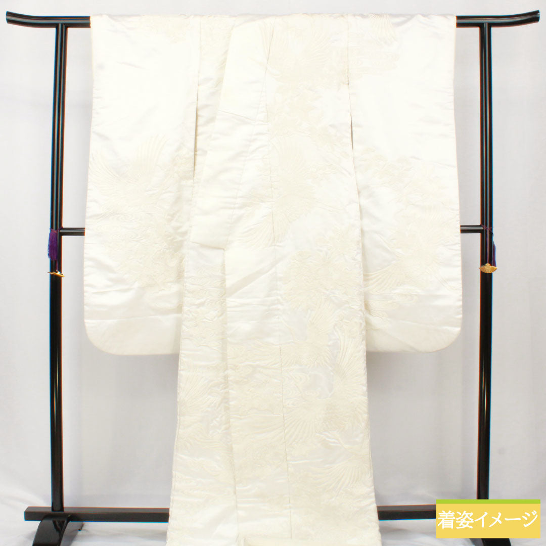 Shiromuku Kimono (White Kimono) - Pure Silk, Grade A, Length 180.5cm, Sleeve Length 64.5cm, Karaori Weave, Crane and Floral Pattern, Lined, White, 1110000983911