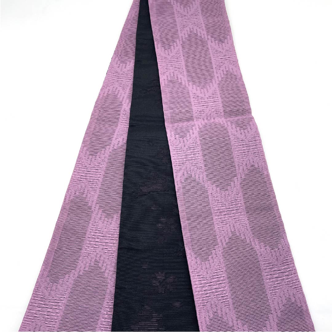 [Unfinished] Half-width obi, polyester, S rank, Nankin fujiiro (lilac purple), geometric pattern, cherry blossoms, rabbits, reversible, obi length 386cm, purple系 1125001482320
