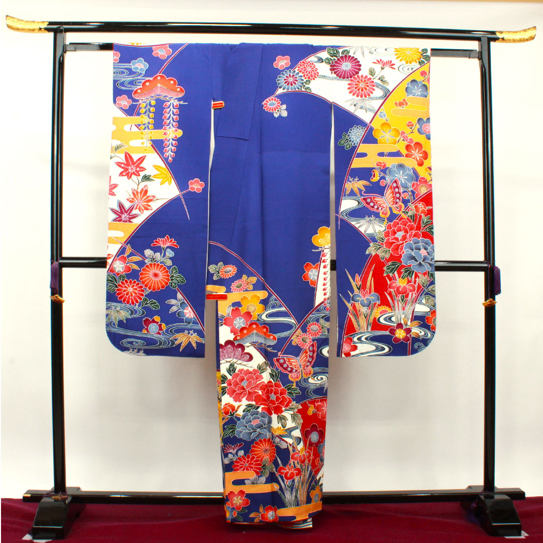 振袖 身丈159cm 裄丈67cm 袷  桔梗色 京紅型 吉祥文様  正絹 Aランク 紺系 1113001703318