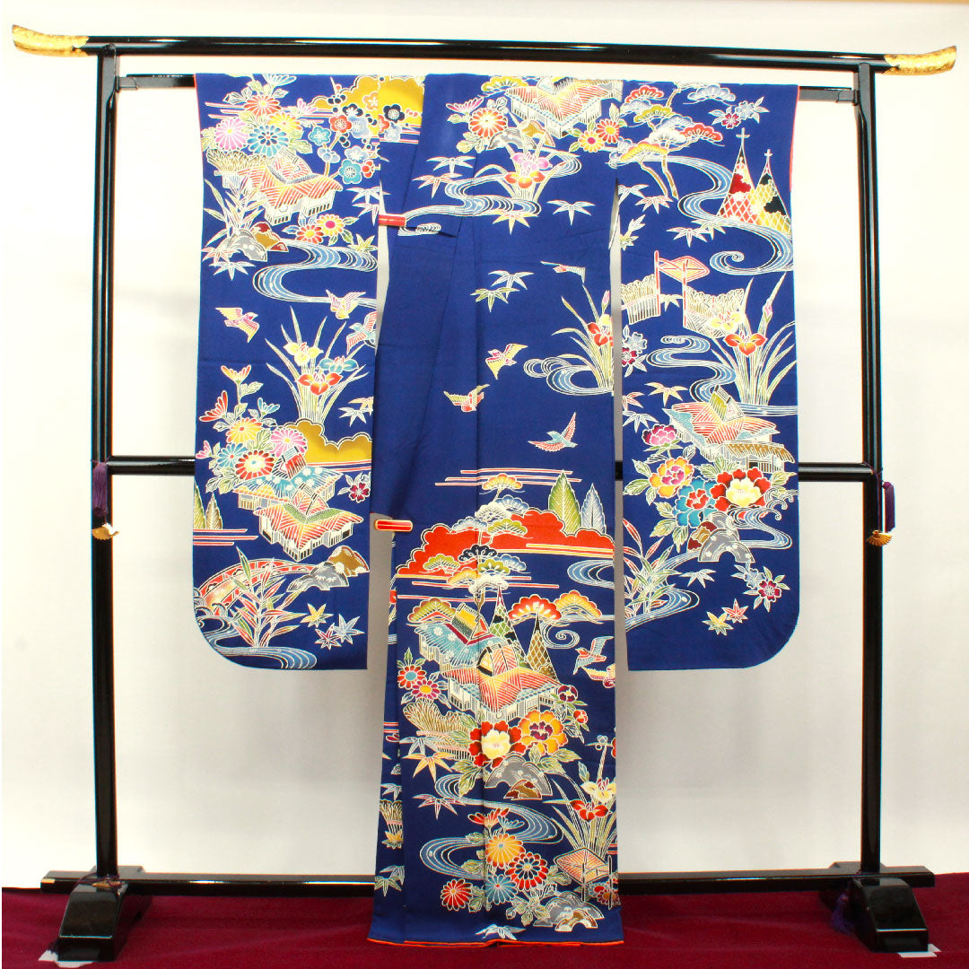 振袖 身丈167.5cm 裄丈68cm 袷  瑠璃色 京紅型 吉祥文様  正絹 Aランク 紺系 1113001773518