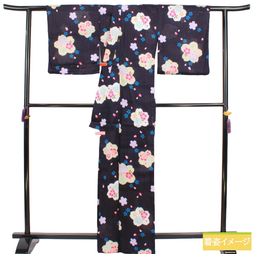 浴衣 木綿 Sランク 身丈165.5cm 裄丈67.5cm 褐色（かちいろ） 桜 型染 単衣 紫系 1118006972520
