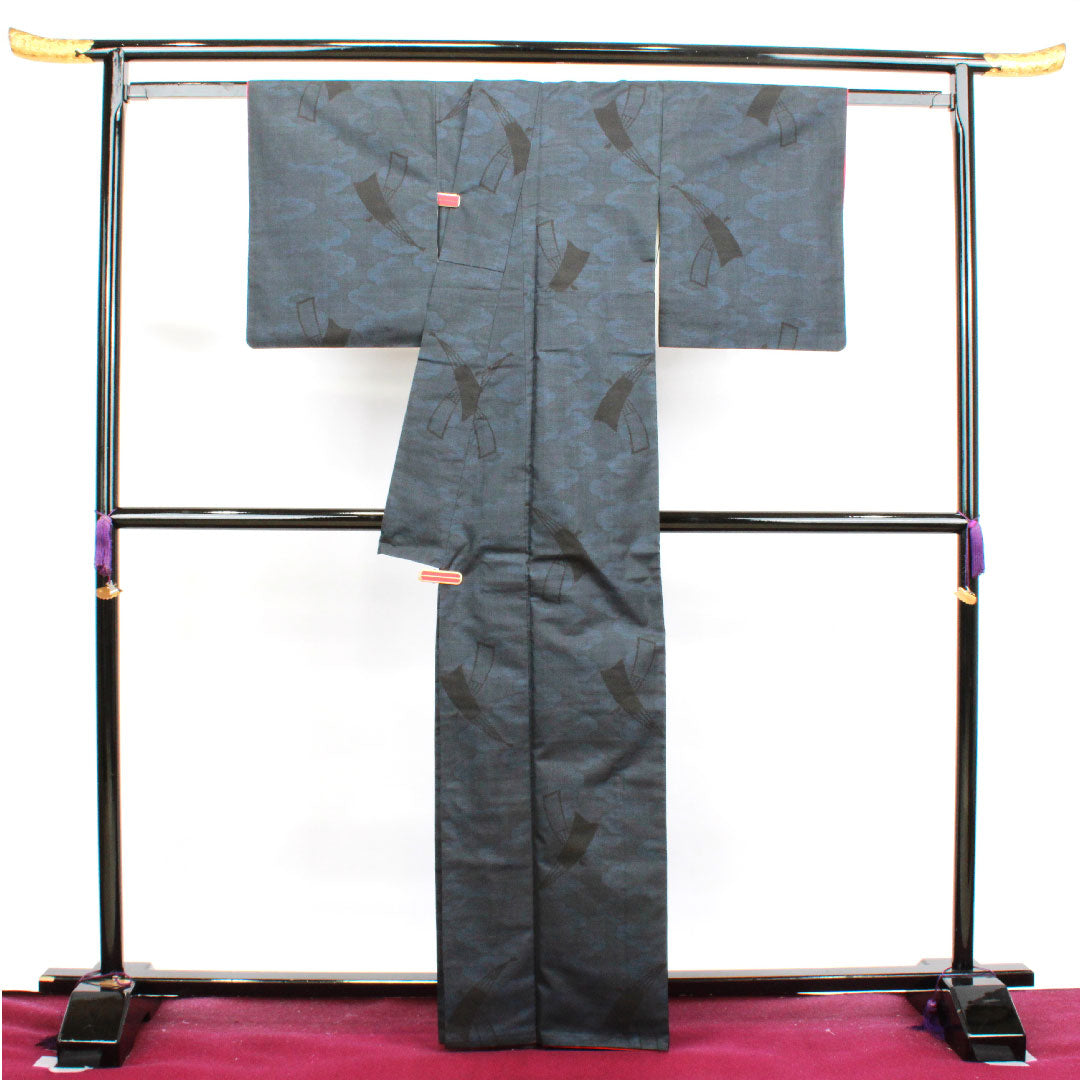 Oshima Tsumugi, Length 164cm, Sleeve length 62cm, Warp and weft ikat, Fan, Pure silk, A rank, Lined, Navy blue, 1116002623418